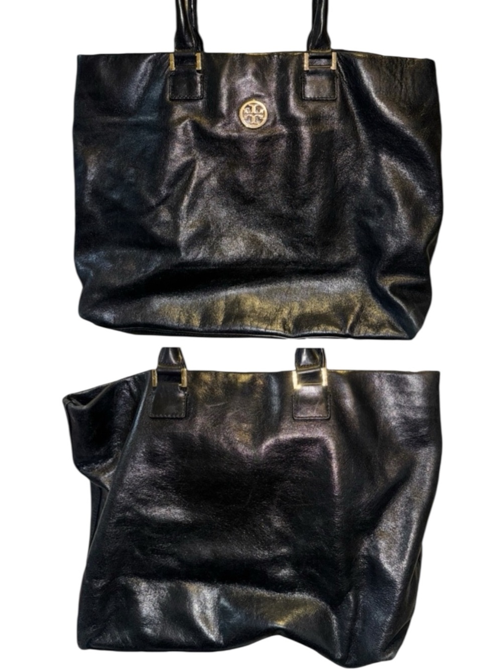 TORY BURCH Dena Black Double Handle Gold Hardware TB Logo Black Leather Tote Bag